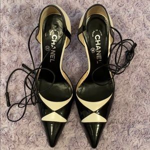 CHANEL Black & Ivory Pointed Toe Lace Up Heels